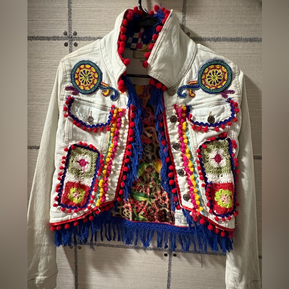 Embroidered Italian Women's Jean Jacket with Multicolor Accents